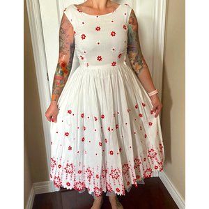 Vintage 1950’s white organza embroidered white & red floral dress